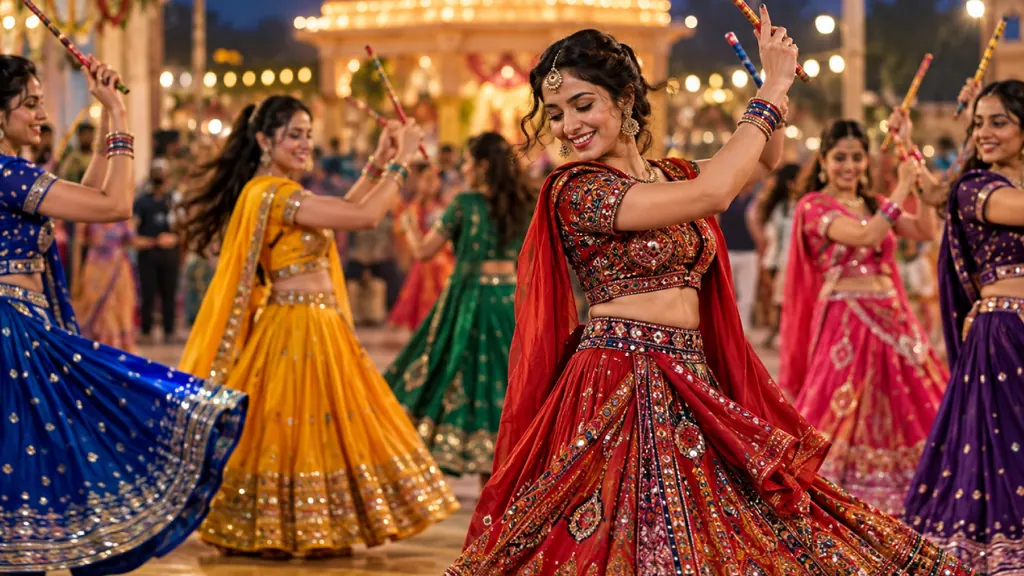 Women in colourful mirrorwork lehengas dancing garba with dandiya sticks at a Navratri night in Dubai