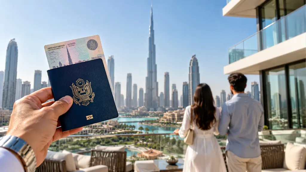 A hand holding a passport and UAE visa card against the Dubai skyline, with the Burj Khalifa and a couple overlooking luxury residential buildings, illustrating Dubai property visa eligibility.