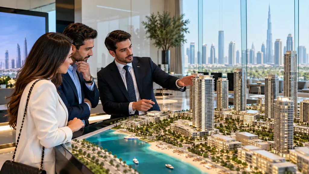 A sales agent shows a couple a large scale model of towers around a lagoon in a Dubai sales centre