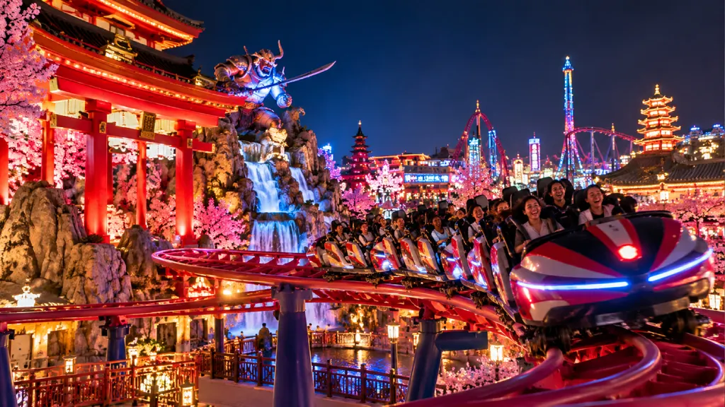 Hyperrealistic Tokyo Rush roller coaster at Global Village Dubai, racing past glowing red torii gates, illuminated Japanese pagodas, pink cherry blossoms, cascading waterfalls and neon-lit attractions, with excited rider
