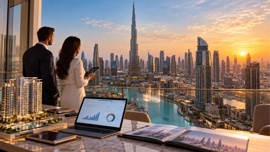 Real estate professionals reviewing property market data overlooking Dubai’s skyline, including the Burj Khalifa, at sunset