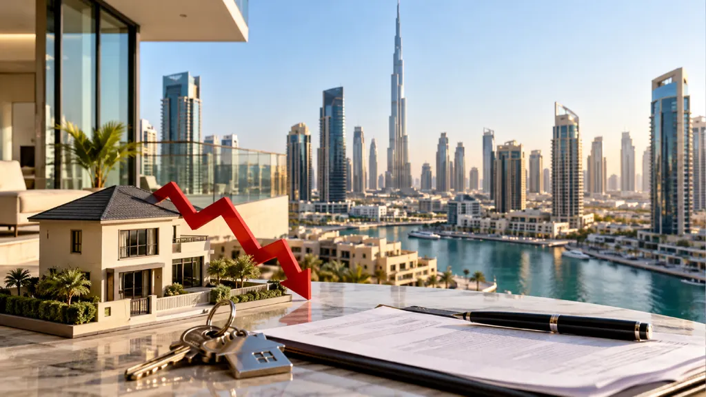 Miniature luxury villa, house keys, and property documents on a terrace overlooking Dubai’s skyline, with a red downward arrow symbolising distressed property sales.