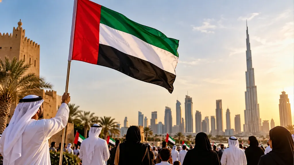 UAE Flag Day celebration in Dubai, with a man in traditional Emirati attire raising a large UAE flag against the Burj Khalifa and city skyline at sunset, surrounded by families holding smaller flags.