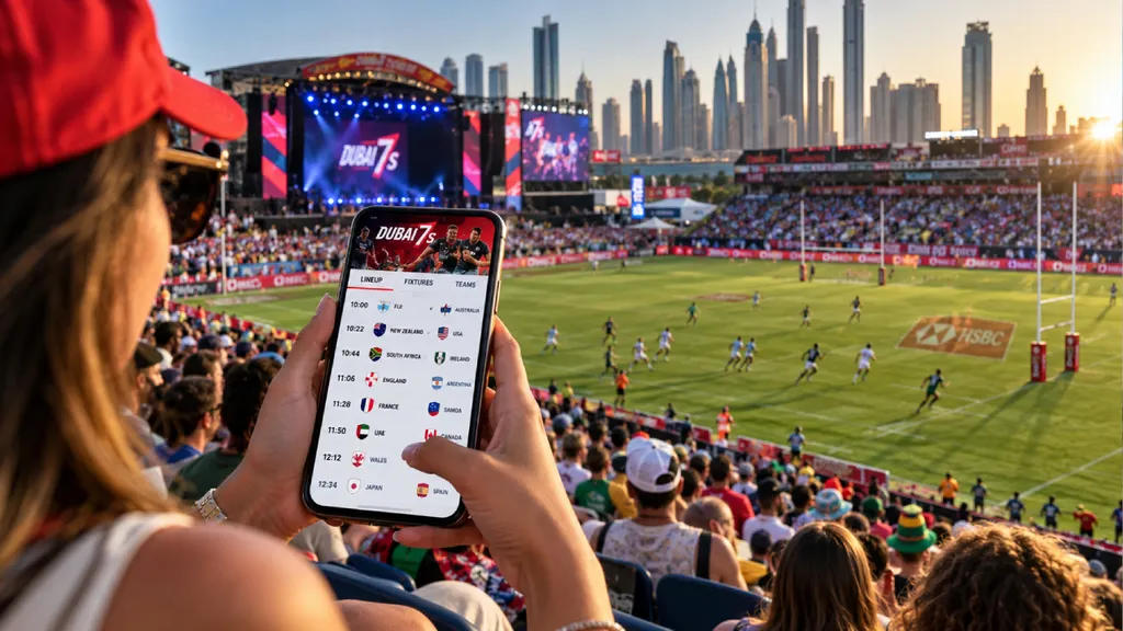 A spectator views the Dubai Sevens rugby lineup on a smartphone while watching a live rugby match in a packed stadium, with players on the pitch, a concert stage, and Dubai’s skyline in the background.