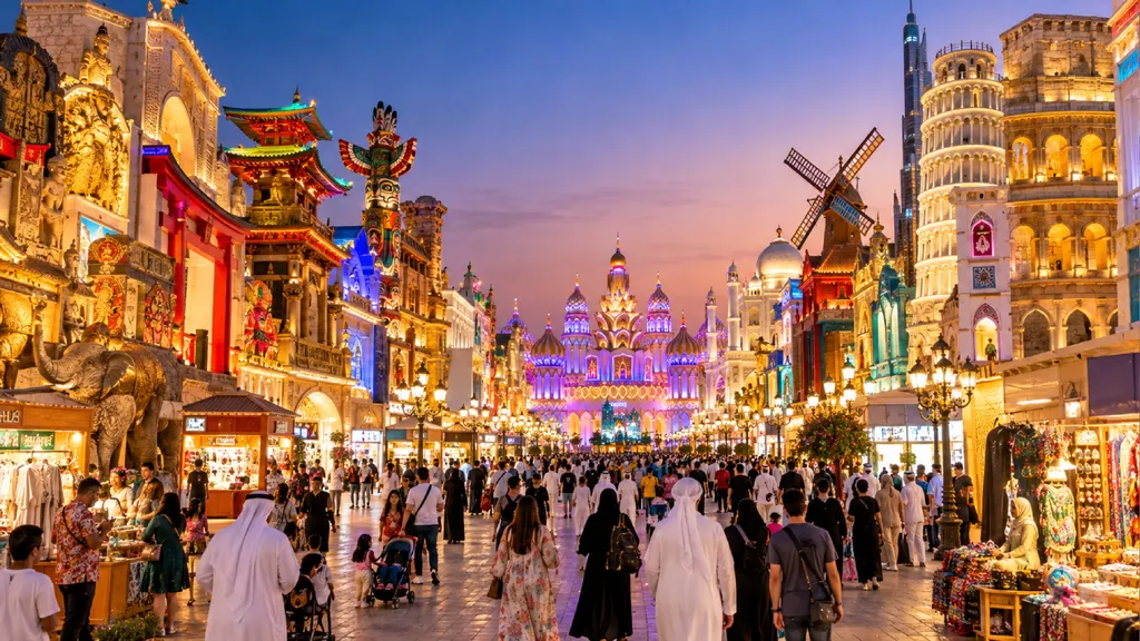A bustling Global Village promenade at dusk, showcasing brightly illuminated cultural pavilions with diverse international architecture, ornate Asian and Middle Eastern designs, colorful market stalls, and a spectacular