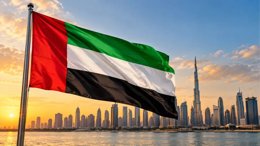AE flag waving against the Dubai skyline at sunset, with the Burj Khalifa in the background, illustrating the meaning and symbolism of the UAE flag colours.
