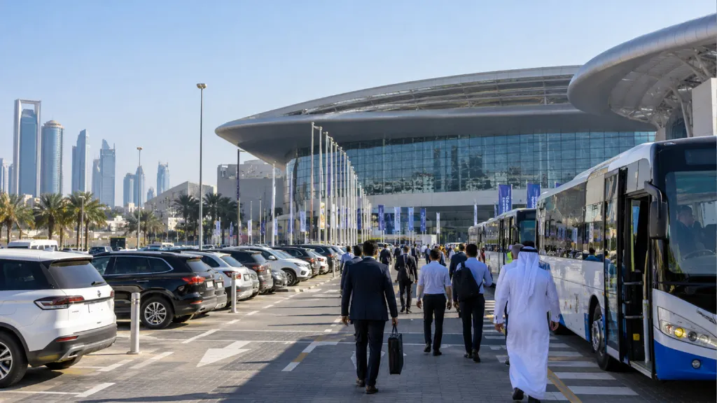 Cars and shuttle buses outside a modern convention centre in Abu Dhabi, with attendees arriving for ADIPEC 2026.