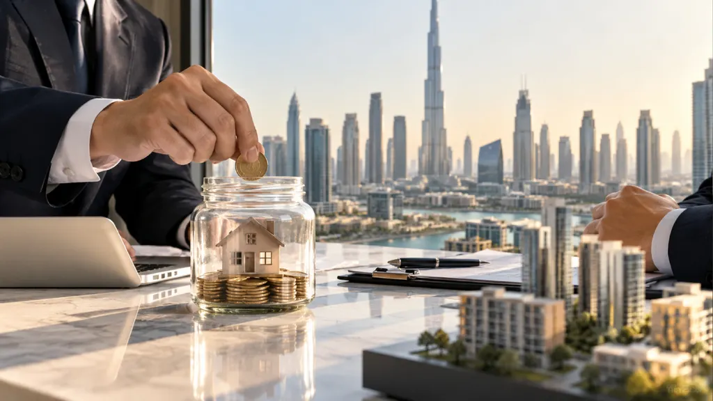 A hand drops a coin into a glass jar holding a small model house and coins, with Dubai’s skyline in the background