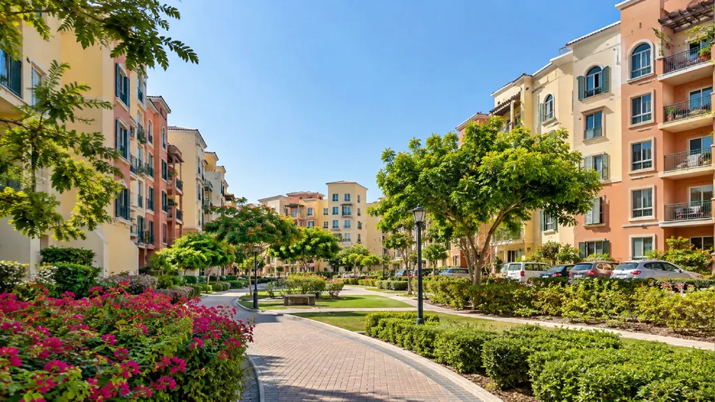 A landscaped residential courtyard in Discovery Gardens, Dubai, featuring Mediterranean-style apartment buildings in warm pastel colours, tree-lined walkways, manicured lawns, flowering shrubs, and outdoor parking under