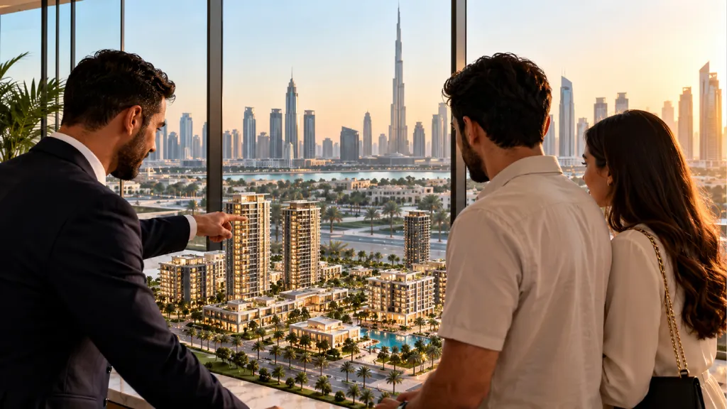 A sales agent points to a scale model of apartment towers as a couple looks on, with the Dubai skyline at sunset behind