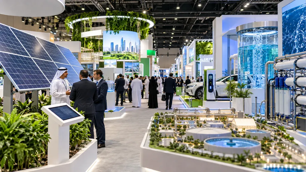 WETEX exhibition in Dubai featuring solar panels, water treatment technology, electric vehicle charging stations, and sustainable energy solutions at a modern trade show.