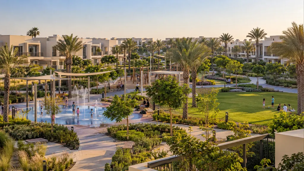 Arabian Ranches 3 in Dubai featuring modern villas, landscaped green spaces, palm-lined pathways, a splash pad, and family-friendly community parks at sunset.