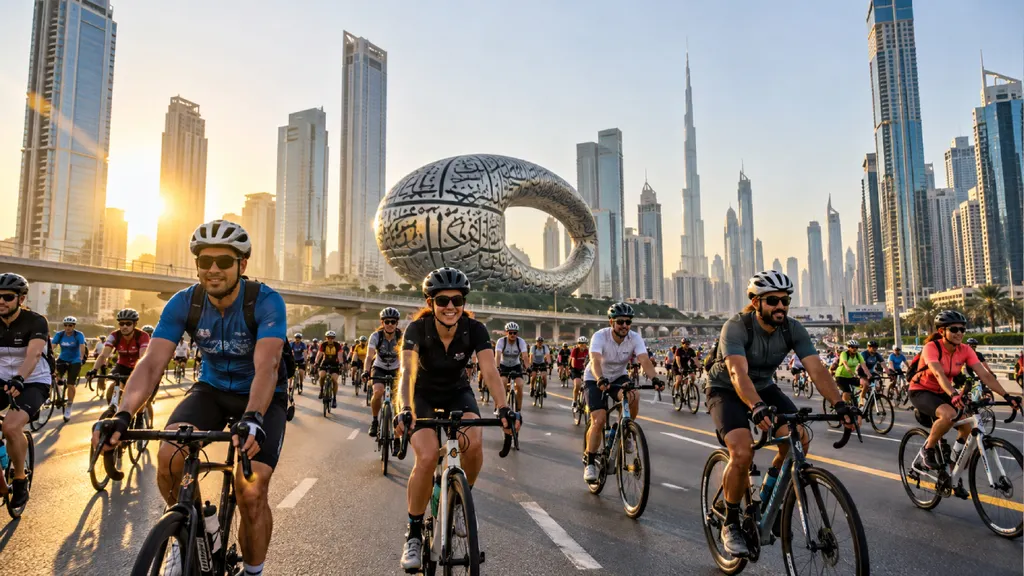 Cyclists ride along a car-free Sheikh Zayed Road during Dubai Ride, with the Museum of the Future and Dubai’s iconic skyscrapers illuminated by the golden morning sun.