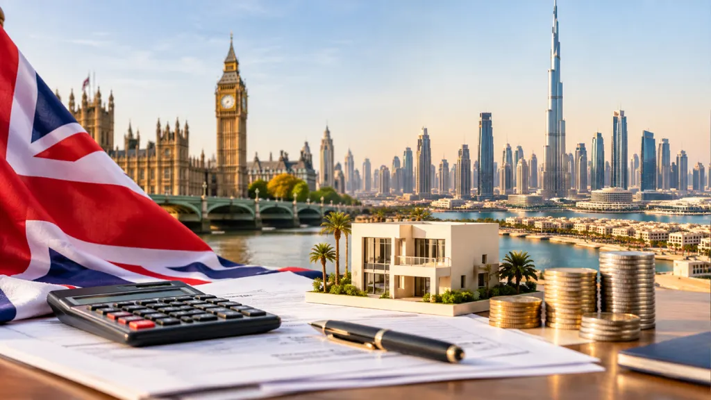 Union Jack flag, calculator, tax documents, coins and a model Dubai villa in front of the London and Dubai skylines, representing UK tax implications for Dubai property investments.