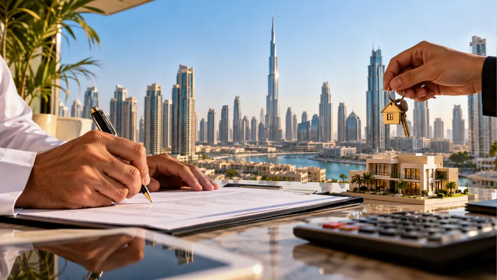 House key handed over to a new resident, with a contract, a model villa and the Dubai skyline behind