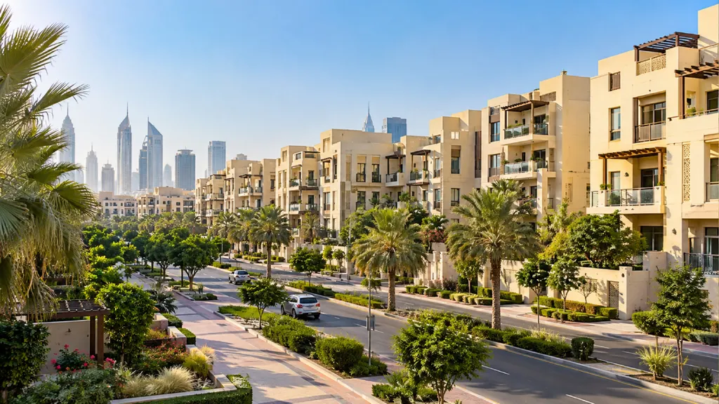 Sunlit residential street in Al Furjan, Dubai, featuring modern beige apartment buildings, landscaped gardens, palm-lined roads, and Dubai’s skyline in the distance under a clear blue sky.