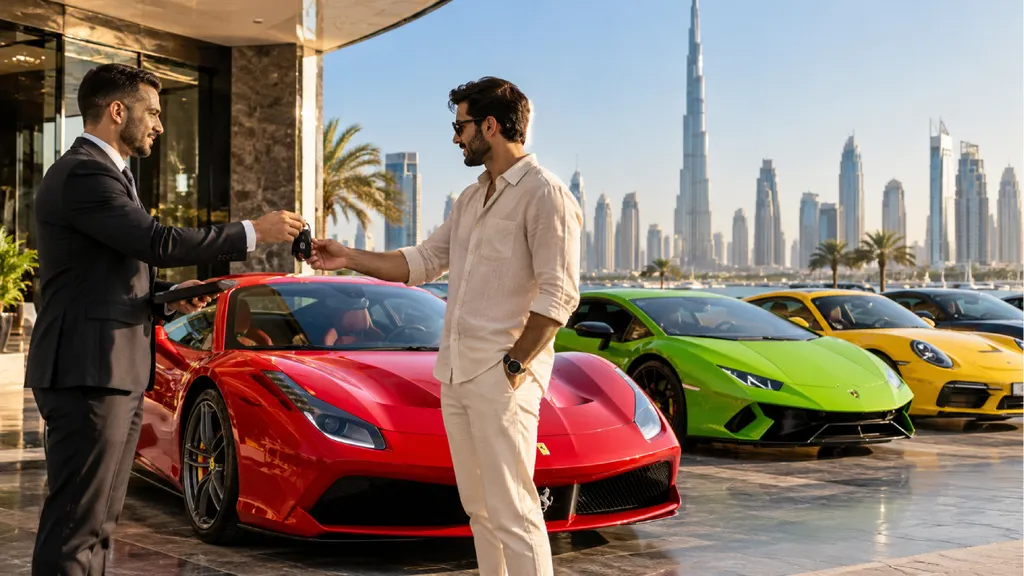 A man rents a red supercar at a luxury car dealership in Dubai, with a staff member handing him the keys as green and yellow supercars and the Burj Khalifa skyline appear in the background.