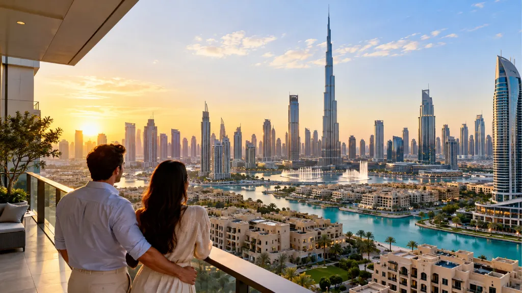 A couple overlooking Dubai’s luxury waterfront properties and iconic skyline, including the Burj Khalifa, from a high-rise balcony at sunset.