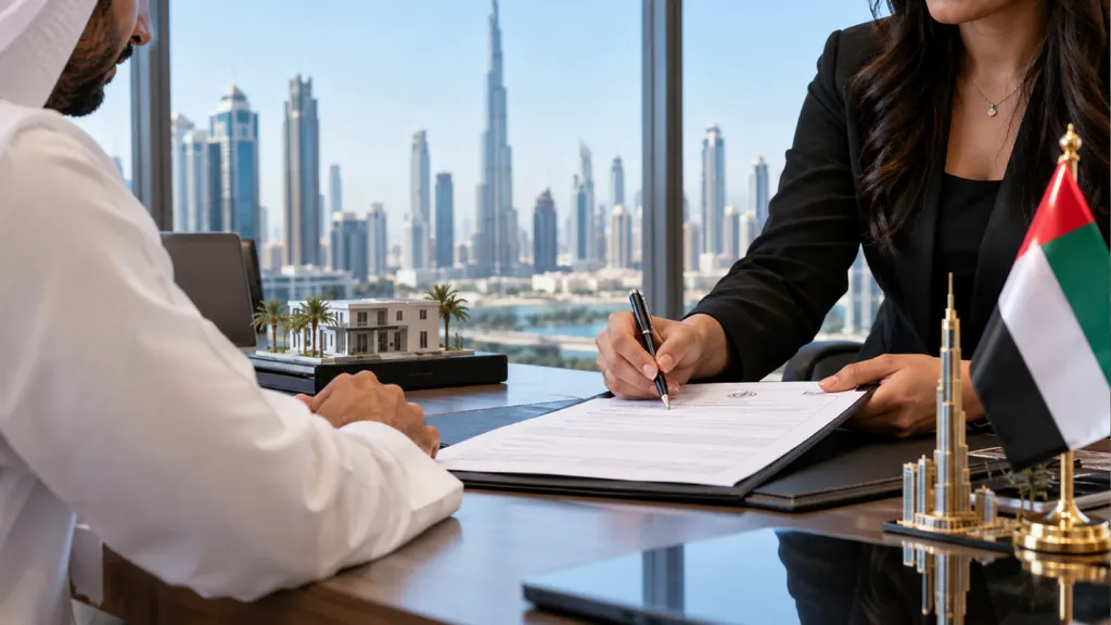 A woman signs a property document at a desk with a UAE flag and a model villa, facing a man in a white kandura