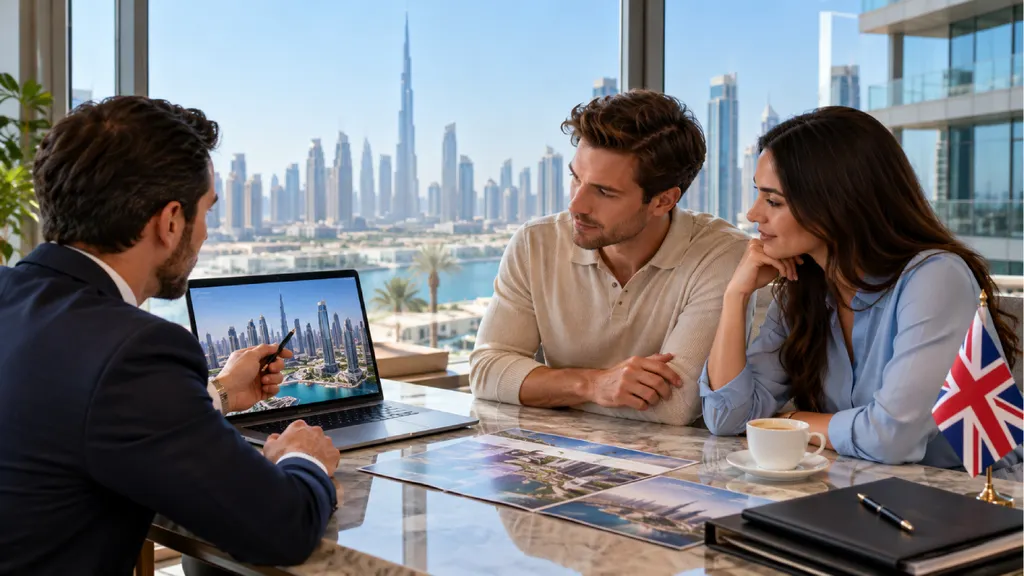 UK buyers consulting a Dubai property advisor about purchasing real estate in Dubai, with skyline views, property brochures and a British flag in a modern office.