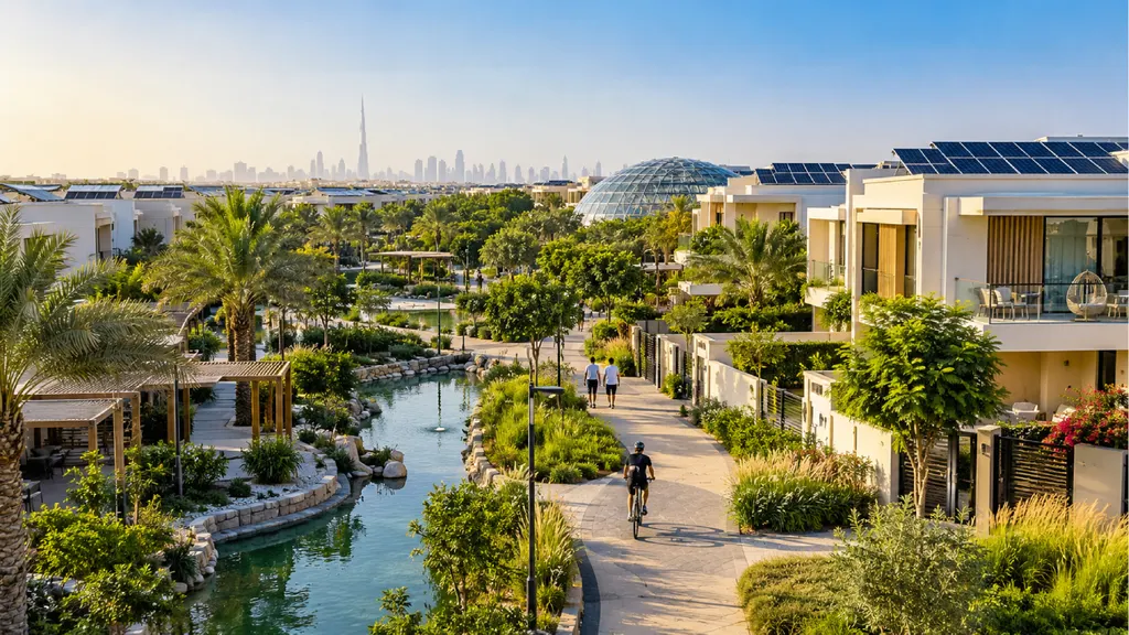 Sustainable City in Dubai featuring solar-panelled villas, lush green landscaping, landscaped waterways, cycling paths, and a glass-domed structure, with the Dubai skyline in the distance.