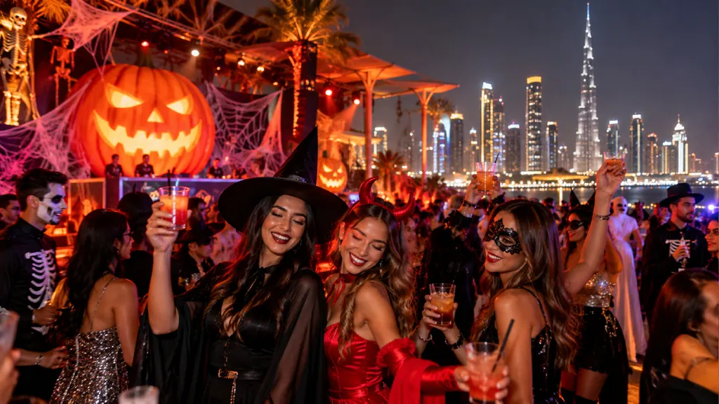 Adults in Halloween costumes celebrate at a rooftop party in Dubai, with glowing jack-o’-lanterns, spooky decorations, and the illuminated Burj Khalifa skyline in the background