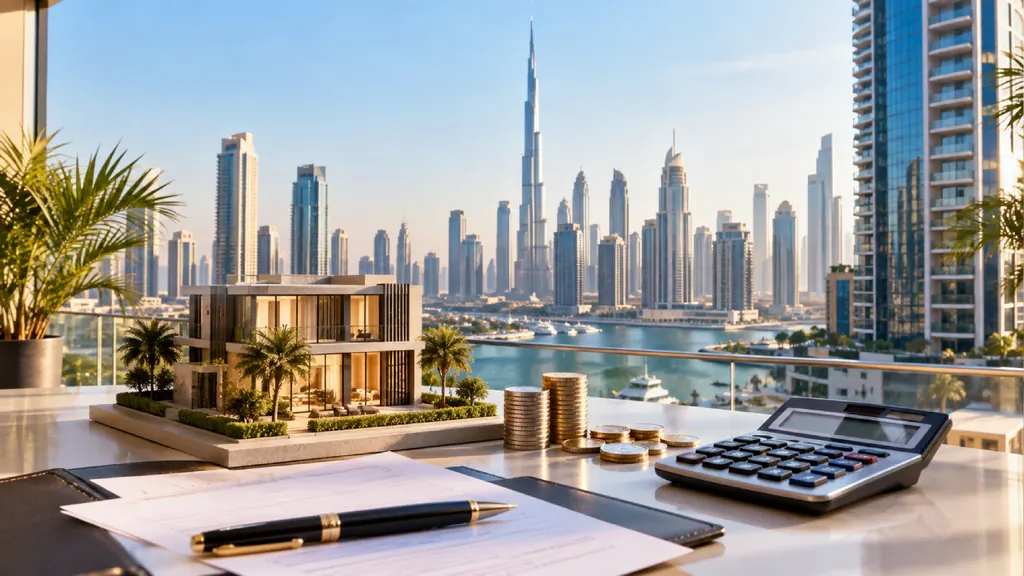 Hands holding US dollar banknotes beside a property contract, house keys and a model villa, with the Dubai skyline