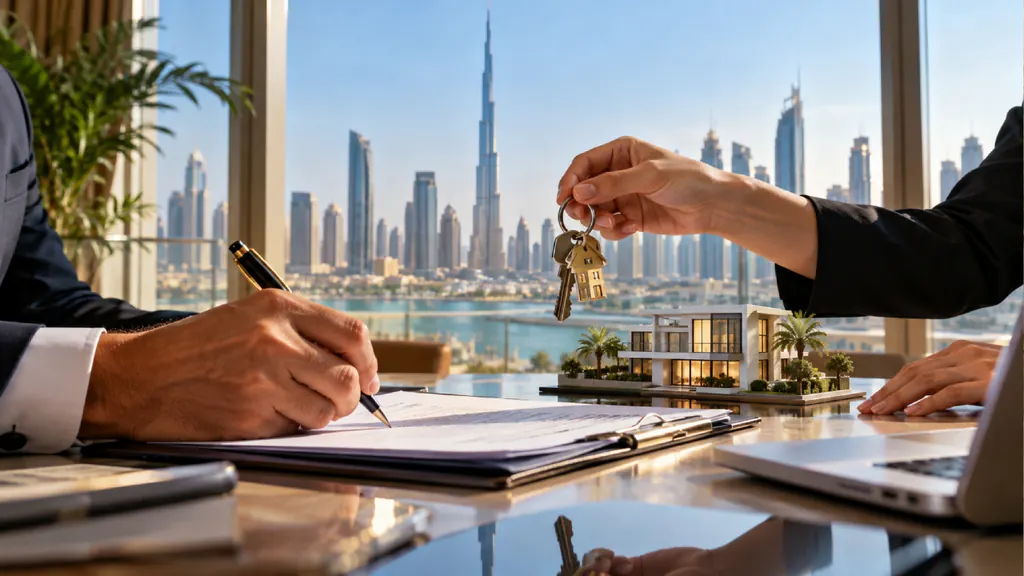 Dubai property transfer: papers signed as the house keys are handed over, with a model villa and the city skyline