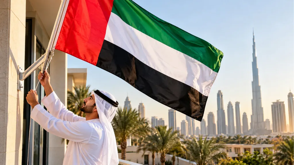 An Emirati man in a white kandura raises and secures a UAE flag outside a modern villa against the Dubai skyline at sunset.