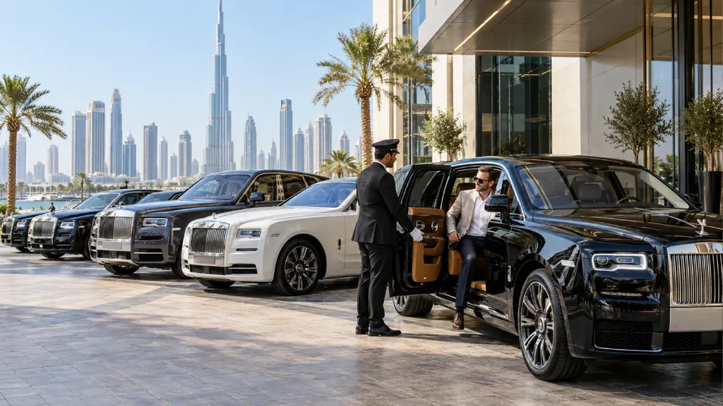 A chauffeur assists a man beside a fleet of black and white Rolls-Royce luxury cars outside a modern building in Dubai, with the Burj Khalifa skyline in the background.