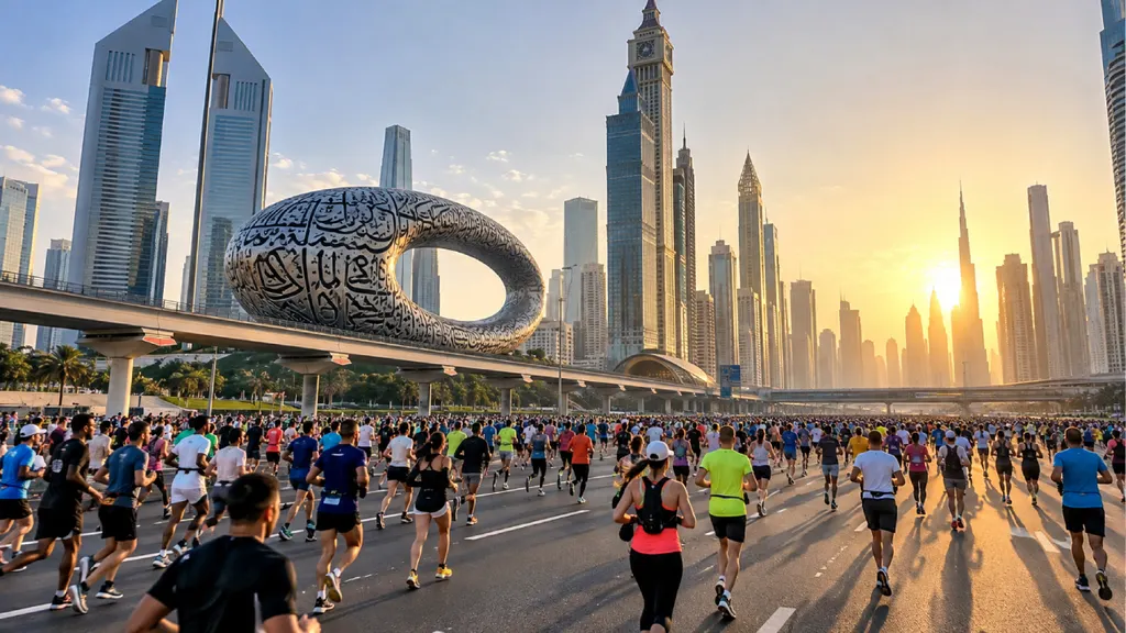 Dubai Run 2026 route with thousands of runners on a closed highway beneath the Dubai skyline at sunrise, passing the Museum of the Future and surrounding skyscrapers.