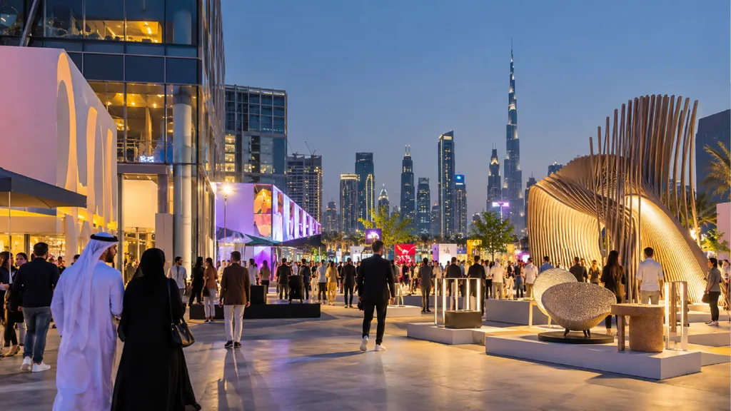 Outdoor Dubai Design Week exhibition at twilight, featuring illuminated contemporary art installations, sculptural furniture, and architectural pavilions, with visitors exploring the displays against Dubai’s modern skyli