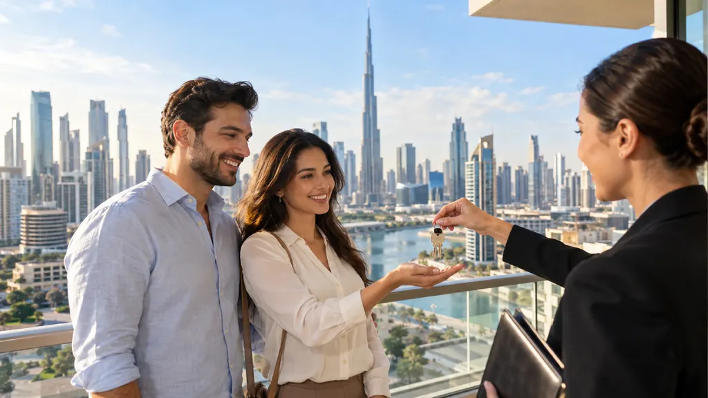 A woman hands a set of keys to a smiling couple on a balcony overlooking Dubai’s skyline and canal