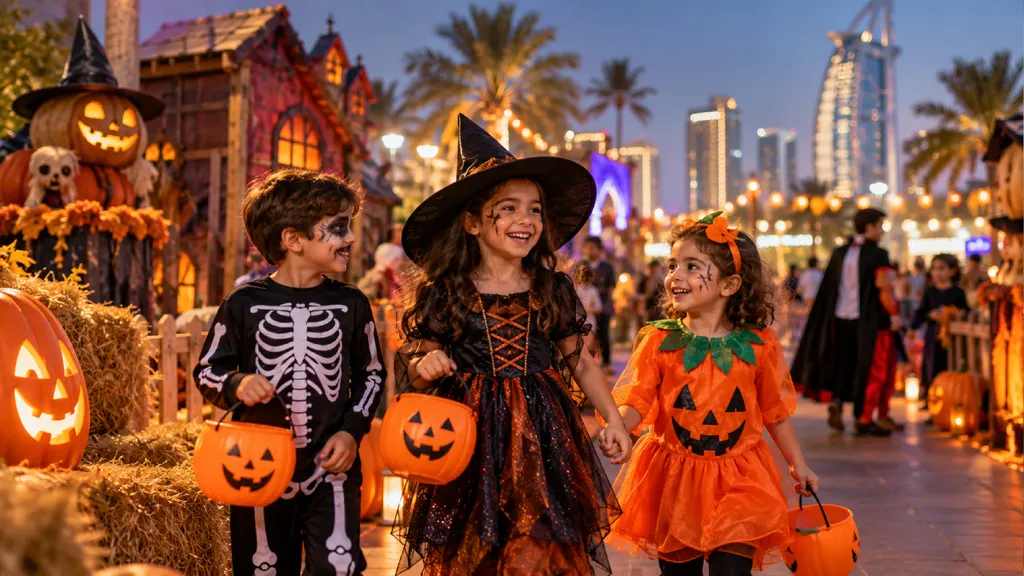 Three children dressed in skeleton, witch and pumpkin Halloween costumes carry jack-o’-lantern buckets at a festive outdoor Halloween event in Dubai, surrounded by glowing pumpkins, spooky decorations, palm trees and ill