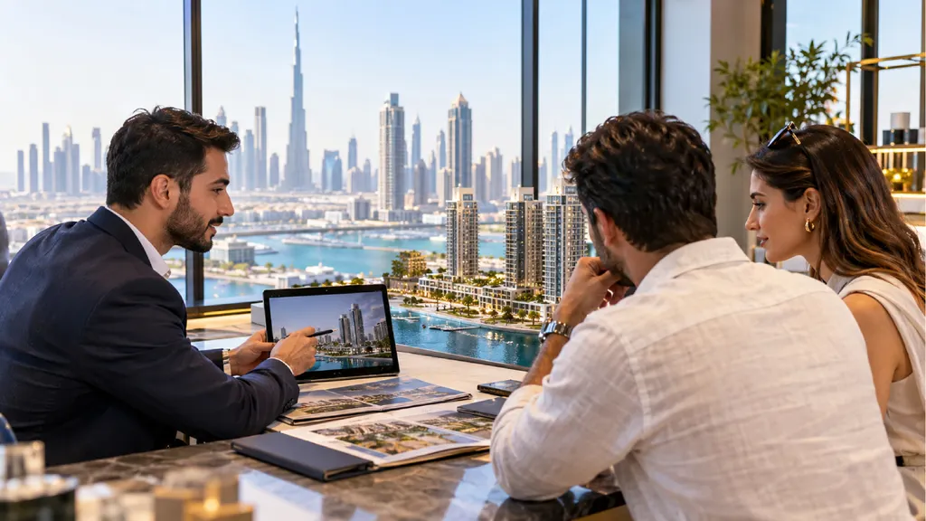 An agent shows a couple a building design on a tablet at a table with brochures, with Dubai’s skyline behind