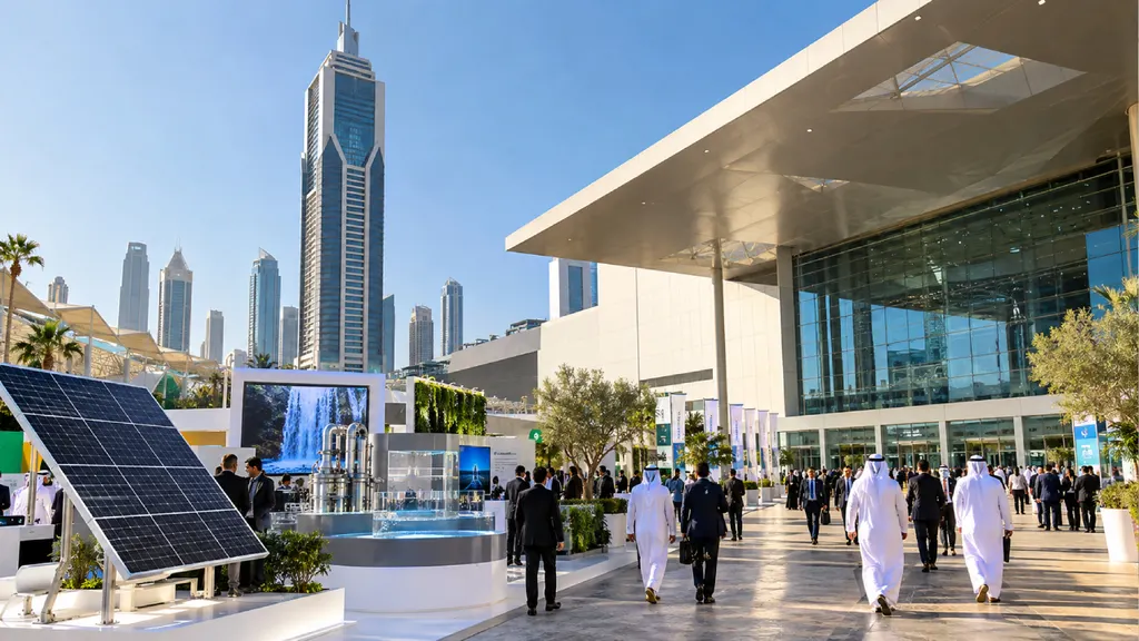 WETEX 2026 location in Dubai, featuring a modern exhibition venue with solar panels, sustainable technology displays, and business visitors.