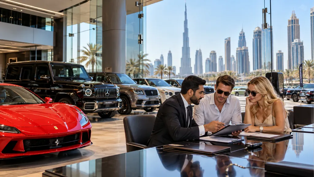Luxury car rental showroom in Dubai featuring a red Ferrari, black Mercedes G-Class, and premium SUVs