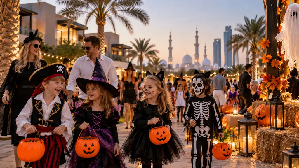 Children in Halloween costumes carrying pumpkin buckets at an upscale outdoor Halloween event in Abu Dhabi, with palm trees, luxury residences, festive lights and pumpkin decorations at sunset.