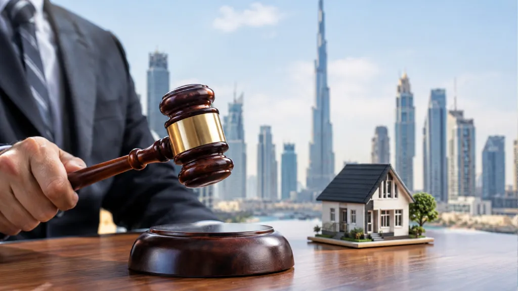 Real estate auction setup with a wooden gavel, miniature house, keys, and Emirates Auction sign against the Dubai skyline, illustrating property auctions in Dubai