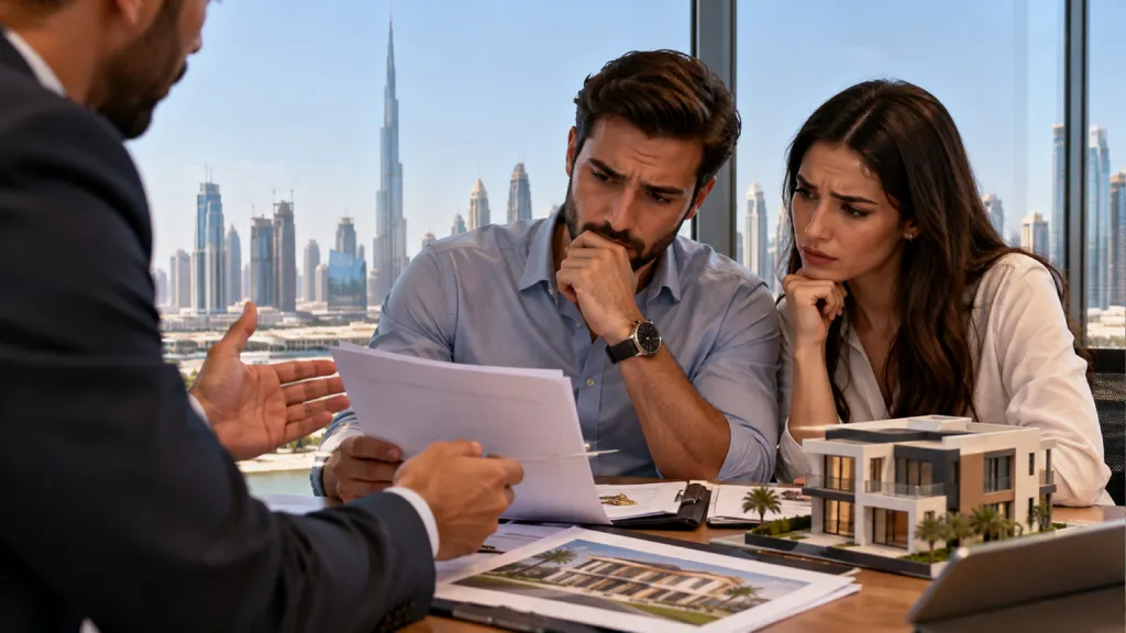 A concerned couple reviews property documents with a real estate agent in a Dubai office overlooking the Burj Khalifa, highlighting the risks of Dubai property scams.