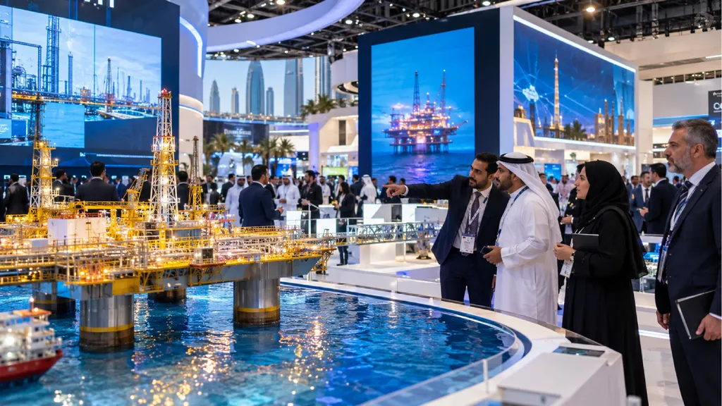 Hyperrealistic view of an energy industry exhibition at ADIPEC 2026 in Abu Dhabi, featuring an illuminated offshore oil platform model, digital energy displays, and international professionals networking at exhibition st