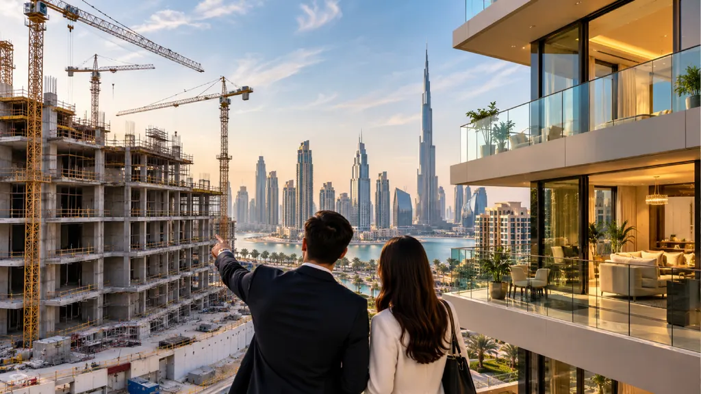 A couple stands between a tower under construction with cranes and a finished apartment building in Dubai