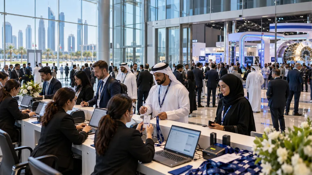 Attendees register for ADIPEC 2026 at a modern Abu Dhabi exhibition centre, with staff issuing badges and business professionals gathering inside the energy industry event venue.