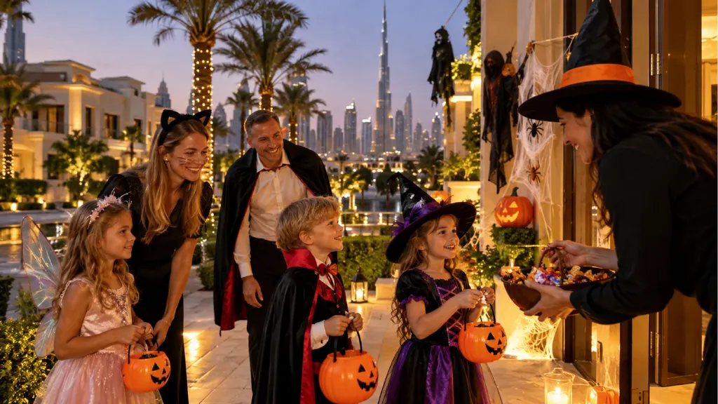 Trick-or-treating in an upscale Dubai villa community, with British and Russian expat families, children in Halloween costumes collecting sweets, glowing pumpkins, palm trees, luxury homes and the Burj Khalifa skyline at