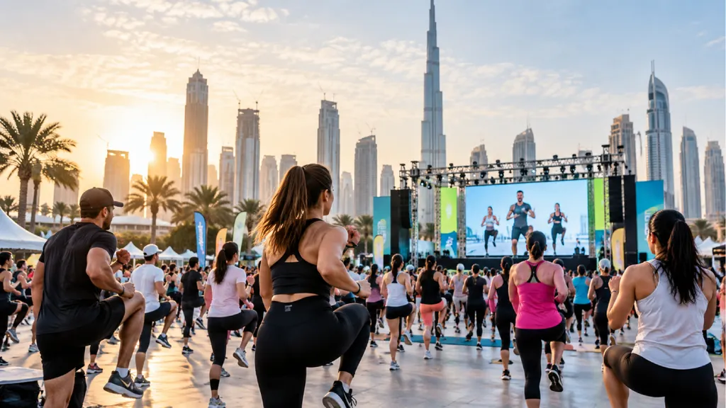 Dubai Fitness Challenge 2026 outdoor fitness event with participants exercising together at sunrise against the Dubai skyline and Burj Khalifa.