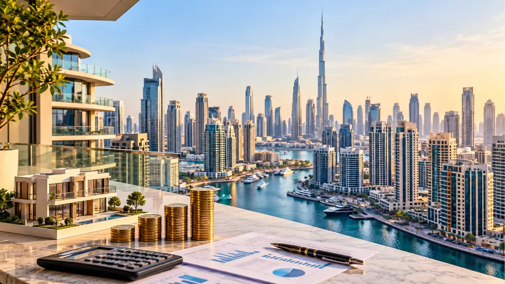 Dubai skyline with high-rise residential towers, a luxury villa model, gold coins, and financial charts representing rental yields by area in Dubai