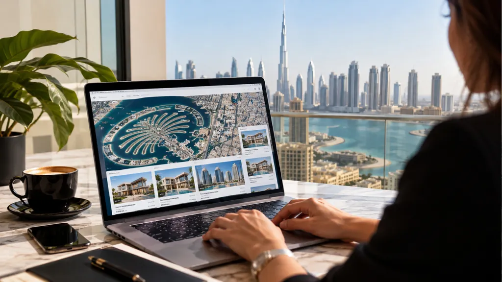 A woman checks Dubai property values online on a laptop displaying real estate listings and a map of Palm Jumeirah, with the Dubai skyline and Burj Khalifa visible in the background.