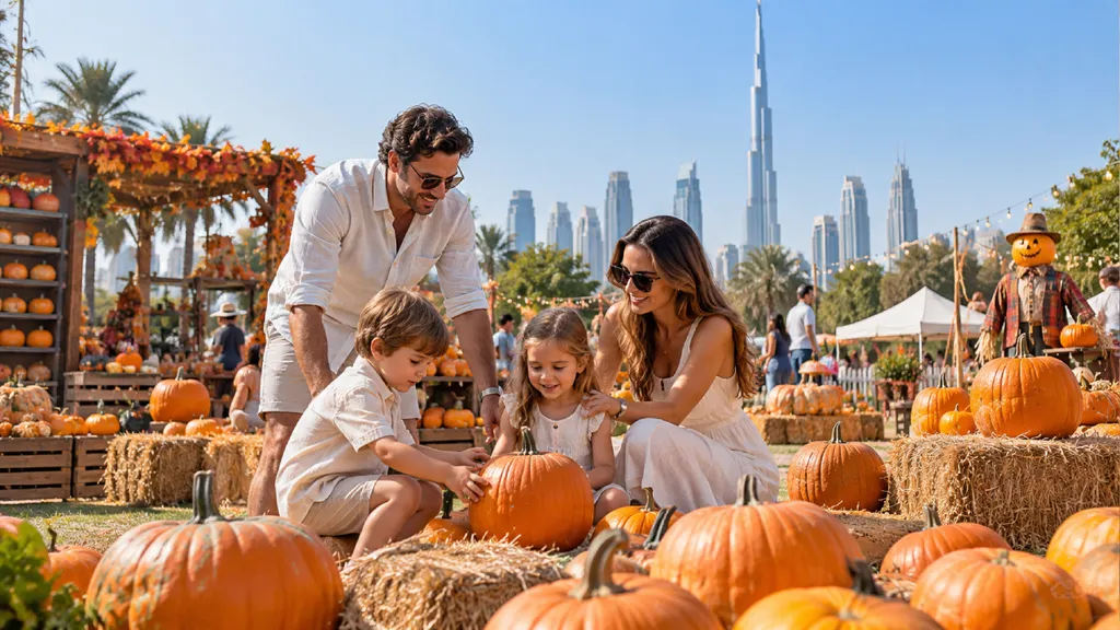 A family explores a Dubai pumpkin patch with orange pumpkins, hay bales, rustic wooden stalls and autumn decorations, with palm trees and the Burj Khalifa skyline in the background.