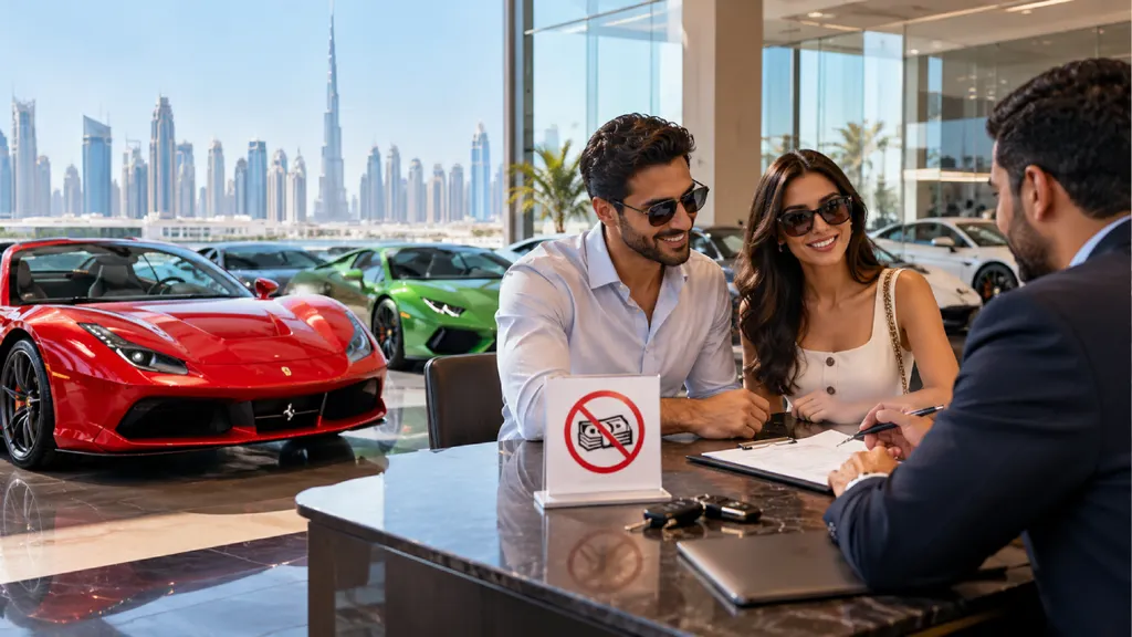 A couple rents a luxury supercar at a Dubai dealership, discussing paperwork with a sales agent beside a red sports car and a no-cash sign, with the Dubai skyline visible through the showroom windows.