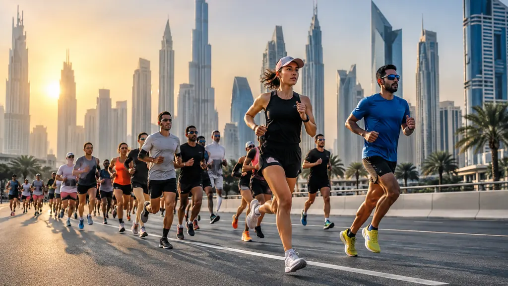 Crowds of runners on a closed road through Downtown Dubai at sunrise for Dubai Run, the Burj Khalifa behind